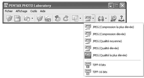 PENTAX PHOTO LABORATORY 3 - Sélectionnez la commande [Mode d'enregistrement] dans le menu [Outils] ou cliquez sur le bouton à droite de l'icône pour sélectionner le format d'enregistrement. - 1