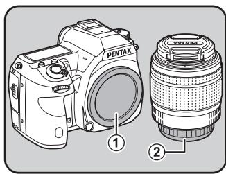 PENTAX K-7 - Retirez les caches de la monture du boîtier (①) et de la monture de l'objectif (②). - 1