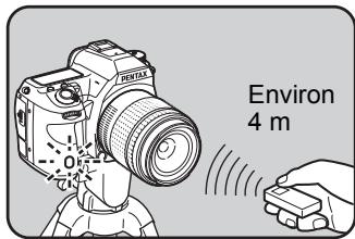 PENTAX K-7 - Dirigez la télécommande vers le récepteur de la télécommande situé à l'avant ou à l'arrière de l'appareil et pressez le déclencheur de la télécommande. - 1