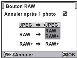PENTAX K-7 - Appuyez sur le bouton de navigation (▶) et utilisez le bouton de navigation (▲▼) pour sélectionner un format de fichier lorsque le bouton RAW est enfoncé. - 1