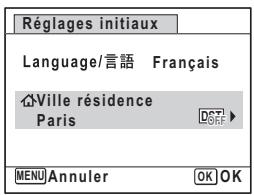 Réglages initiaux Language/言語 Français Ville résidence Paris MENU Annuler OK OK