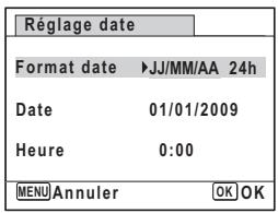 Réglage date Format date ▶JJ/MM/AA 24h Date 01/01/2009 Heure 0:00 MENU Annuler OK OK