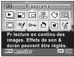 Diaporama Pr lecture en continu des images. Effets de son & écran peuvent être réglés. MENU Annuler OK OK