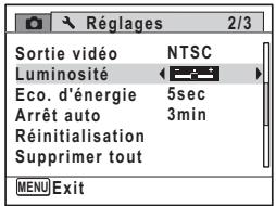 Réglages 2/3 Sortie vidéo NTSC Luminosité Eco. d'énergie 5sec Arrêt auto 3min Réinitialisation Supprimer tout MENU Exit