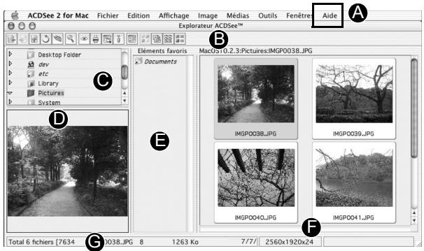 ACDSee 2 for Mac Fichier Edition Affichage Image Médias Outils Fenêtre Aide Explorateur ACDSee™ Desktop Folder dev etc Library Pictures System Eléments favoris MacOS 10.2.3:Pictures:IMGP0038.JPG Documents E Total 6 fichiers [7634] C:\038.JPG 8 1263 Ko 7/7/ 2560x1920x24 A B C D E F IMGPO038.JPG IMGPO039.JPG IMGPO40.JPG IMGPO41.JPG