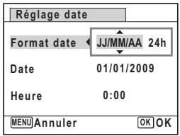 Réglage date Format date ← JJ/MM/AA 24h Date 01/01/2009 Heure 0:00 MENU Annuler OK OK