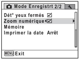 Mode Enregistre 2/2 Dété yeux fermés ✓ Zoom numérique ✓ Mémoire Imprimer la date Arrêt MENU Exit