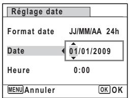 Réglage date Format date JJ/MM/AA 24h Date 01/01/2009 Heure 0:00 MENU Annuler OK OK