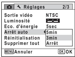 Réglages 2/3 Sortie vidéo NTSC Luminosité Eco. d'énergie 5sec Arrêt auto 5min Réinitialisation 3min Supprimer tout Arrêt MENU Annuler OK OK