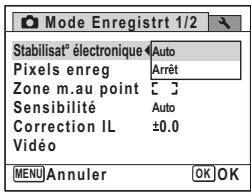 Mode Enregist 1/2 Stabilisatélectronique Auto Pixels enreg Arrêt Zone m.au point C Sensibilité Auto Correction IL ±0.0 Vidéo MENU Annuler OK OK
