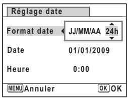 Réglage date Format date ← JJ/MM/AA 24h Date 01/01/2009 Heure 0:00 MENU Annuler OK OK