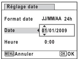 Réglage date Format date JJ/MM/AA 24h Date 01/01/2009 Heure 0:00 MENU Annuler OK OK