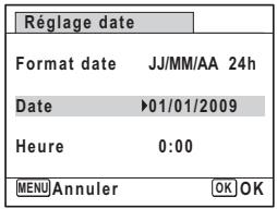 Réglage date Format date JJ/MM/AA 24h Date ▶01/01/2009 Heure 0:00 MENU Annuler OK OK