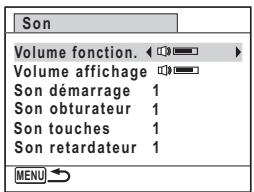 Son Volume fonction. Volume affichage Son démarrage 1 Son obturateur 1 Son touches 1 Son retardateur 1 MENU