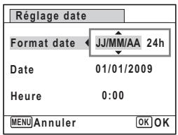 Réglage date Format date JJ/MM/AA 24h Date 01/01/2009 Heure 0:00 MENU Annuler OK OK