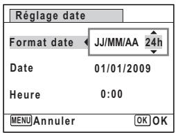 Réglage date Format date JJ/MM/AA 24h Date 01/01/2009 Heure 0:00 MENU Annuler OK OK