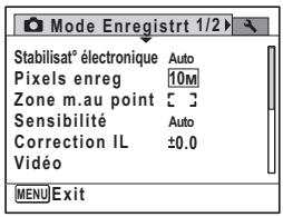Mode Enregistrt 1/2 Stabilisat® électronique Auto Pixels enreg 10M Zone m.au point □ Sensibilité Auto Correction IL ±0.0 Vidéo MENU Exit