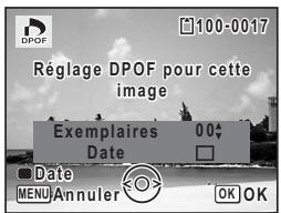 DPOF 100-0017 Réglage DPOF pour cette image Exemplaires 00 Date Date MENU Annuler OK OK