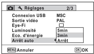 PENTAX OPTIO I-10 - Utilisez le bouton de navigation ( ) pour définir le laps de temps qui s'écoule avant la mise hors tension automatique de l'appareil. - 1