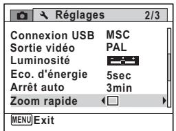 Réglages 2/3 Connexion USB MSC Sortie vidéo PAL Luminosité Eco. d'énergie 5sec Arrêt auto 3min Zoom rapide MENU Exit