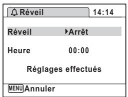 Réveil 14:14 Réveil ▶Arrêt Heure 00:00 Réglages effectués MENU Annuler