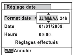 Réglage date Format date ← JJ/MM/AA 24h Date 01/01/2009 Heure 00:00 Réglages effectués MENU Annuler
