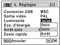 Réglages 2/3 Connexion USB MSC Sortie vidéo PAL Luminosité Eco. d'énergie 5min Arrêt auto 3min Zoom rapide Arrêt MENU Annuler OK OK