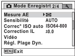 Mode Enregistrt 2/4 Mesure AE ▶ Sensibilité AUTO Correc° ISO auto ISO64-800 Correction IL ±0.0 Vidéo Régl. Plage Dyn. MENU Exit
