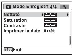 Mode Enregistrt 4/4 Netteté Saturation Contraste Imprimer la date Arrêt MENU Exit