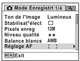 Mode Enregistrt 1/4 Ton de l'image Lumineux Stabilisatélect □ Pixels enreg 12M Niveau qualité ★★ Balance blancs AWB Réglage AF [ ] ► MENU Exit