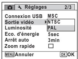 Réglages 2/3 Connexion USB MSC Sortie vidéo NTSC Luminosité PAL Eco. d'énergie 5sec Arrêt auto 3min Zoom rapide □ MENU Annuler OK OK
