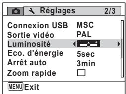 Réglages 2/3 Connexion USB MSC Sortie vidéo PAL Luminosité ←→ Eco. d'énergie 5sec Arrêt auto 3min Zoom rapide □ MENU Exit