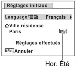 Réglages initiaux Language/言語 Français ► Ville résidence Paris Réglages effectués MENU Annuler Hor. Été