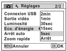 Réglages 2/3 Connexion USB 2min Sortie vidéo 1min Luminosité 30sec Eco. d'énergie 15sec Arrêt auto 5sec Zoom rapide Arrêt MENU Annuler OK OK