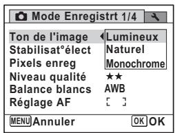 Mode Enregistrt 1/4 Ton de l'image Stabilisatélect Pixels enreg Niveau qualité Balance blancs Réglage AF Lumineux Naturel Monochrome AWB [ ] MENU Annuler OK OK