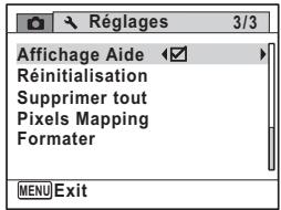 Réglages 3/3 Affichage Aide Réinitialisation Supprimer tout Pixels Mapping Formater MENU Exit
