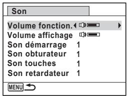 Son Volume fonction. Volume affichage Son démarrage 1 Son obturateur 1 Son touches 1 Son retardateur 1 MENU