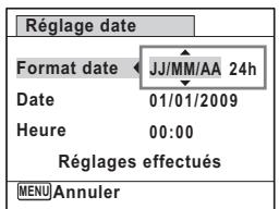 Réglage date Format date JJ/MM/AA 24h Date 01/01/2009 Heure 00:00 Réglages effectués MENU Annuler