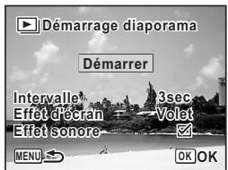 Démarrage diaporama Démarrer Intervalle 3sec Effet décran Volet Effet sonore MENU OK OK