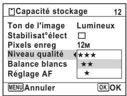 [+]Capacité stockage 12 Ton de l'image Lumineux Stabilisat°élect □ Pixels enreg 12M Niveau qualité ★★★★ Balance blancs ★★ Réglage AF ★ MENU Annuler OK OK