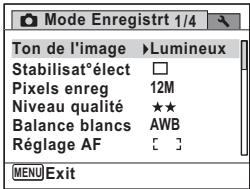 Mode Enregistrt 1/4 Ton de l'image ▶Lumineux Stabilisat°élect □ Pixels enreg 12M Niveau qualité ★★ Balance blancs AWB Réglage AF [ ]
