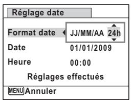 Réglage date Format date JJ/MM/AA 24h Date 01/01/2009 Heure 00:00 Réglages effectués MENU Annuler