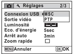 Réglages 2/3 Connexion USB MSC Sortie vidéo PTP Luminosité Eco. d'énergie 5sec Arrêt auto 3min Zoom rapide MENU Annuler OK OK