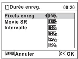 Durée enreg. 00:20 Pixels enreg 1280 Movie SR 1280 Intervalle 640 640 320 320 MENU Annuler OK OK