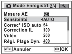 Mode Enregistrt 2/4 Mesure AE Sensibilité AUTO Correc° ISO auto 64 Correction IL 100 Vidéo 200 Régl. Plage Dyn. 400 MENU Annuler OK OK