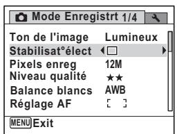 Mode Enregistrt 1/4 Ton de l'image Lumineux Stabilisatélect Pixels enreg 12M Niveau qualité ★★ Balance blancs AWB Réglage AF [ ]
