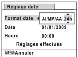 Réglage date Format date JJ/MM/AA 24h Date 01/01/2009 Heure 00:00 Réglages effectués MENU Annuler