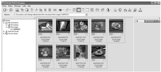 PENTAX PHOTO BROWSER - Sélectionnez le dossier contenant le fichier image à visualiser dans l'arborescence. - 1