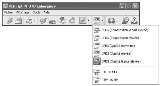 PENTAX PHOTO BROWSER - Sélectionnez la commande [Mode d'enregistrement] dans le menu [Outils] ou cliquez sur le bouton ▼ à droite de l'icône pour sélectionner le format d'enregistrement. - 1