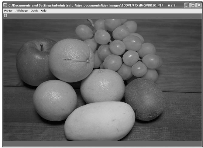 PENTAX PHOTO BROWSER - Pour ce faire, sélectionnez [Barre d'outils] ou [Données image] dans le menu [Affichage] de la fenêtre de visualisation principale et désactivez la case afférente. - 1